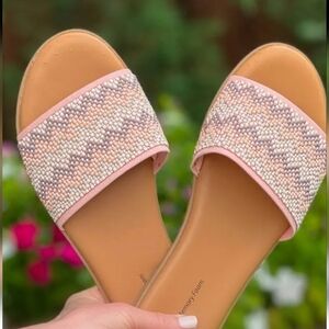 Beaded Slide Sandals Size 8.5 Memory Foam Pink Tan Cream